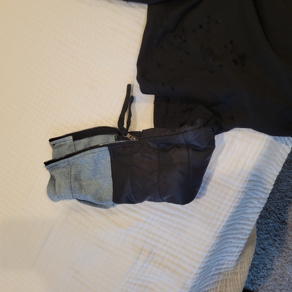 CAARA Distressed Denim and Black Sweatshirt with Zipper Accents - Picture 3 of 9